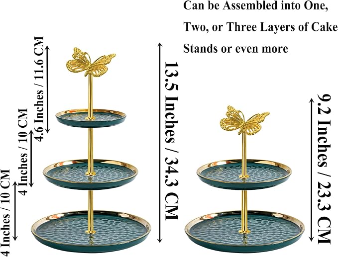 4 Sets 13.5’’ 3-Tier Cake Tray Stand Handle, Multi-tier Metal Dessert Fruit Center Rod Heavy Duty Hardware Holder for Wedding Party Birthday Cupcake Platter Stand Fittings - Gold Butterfly