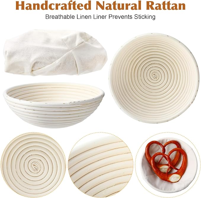6 Pack Banneton Bread Proofing Baskets Set 8 9 10 Inch Round Sourdough Proofing Bowls with Linen Natural Rattan Dough Baskets for Artisan Bread Baking
