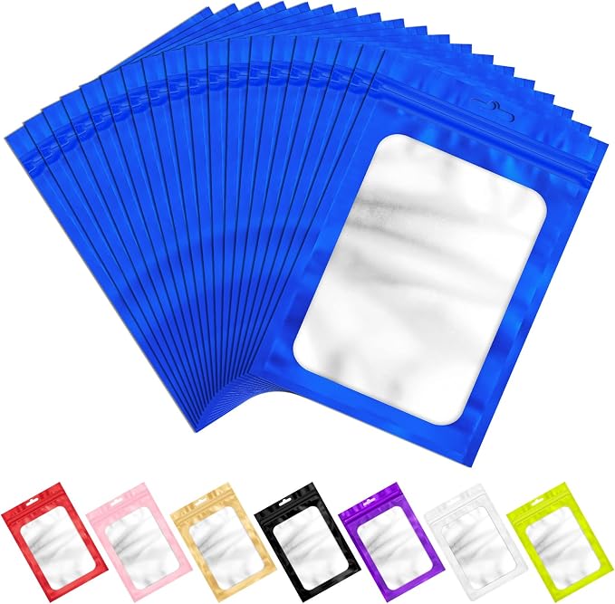 100 PCS Resealable Mylar Bags with Frosted Clear Window Packaging Bags Foil Pouch Zipper Bag for Food Self Sealing Storage Supplies (5.51x7.87, Blue)