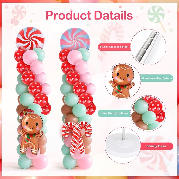 2 Sets Christmas Gingerbread Balloon Stand for Floor Adjustable Red Whilt Balloons Column Kit Set of 2 with Candy Crutch Balloons Tower Stand for Birthday Baby Shower Party Supplies