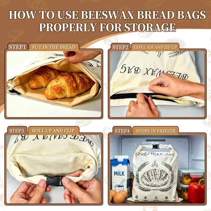 Reusable Cotton Beeswax Bread Bags 2 Pack – Extra Large 13"x17" Zipper & Roll-Buckle Double Seal for Homemade Sourdough, Keep Bread Fresh Longer, Zero Waste Bread Storage for Loaf Baguette