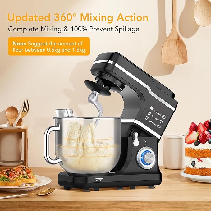 GarveeHome 7.5QT Stand Mixer, 10-Speed Tilt-Head Electric Food Mixer with Stainless Steel Bowl, 660W Motor, Dough Hook, Whisk & Beater, Compact Design for Home Baking,Black