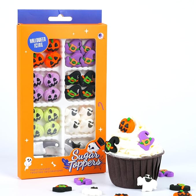 Halloween Icing Decorations - Edible Pumpkins, Ghosts, Witch Hats, Knives, Axes Cake Decorations Royal Icing Sugar Sprinkles for Cakes Toppers, Cookies, Cupcakes Halloween Baking Supplies 28 Count