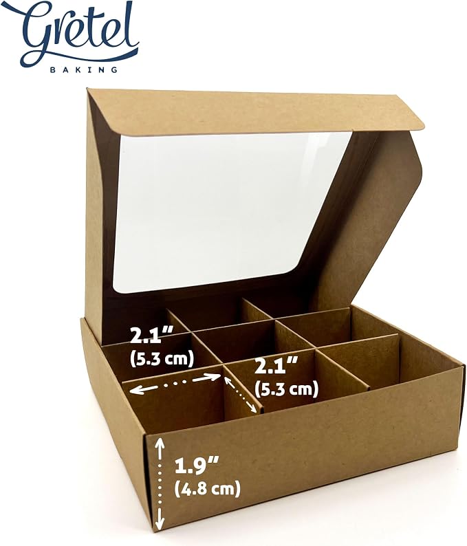 20pcs Kraft Treat Boxes with Window and Dividers | 9 SMALL compartments | 6.5 x 6.5x 1.9 in | Chocolate-covered strawberries supplies, macaron boxes, baked goods packaging