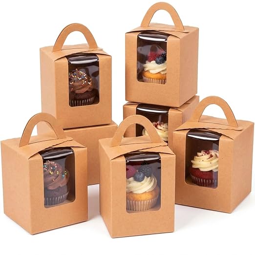 qiqee Auto-pop Brown Cupcake Boxes Individual Disposable 3.7x3.7x4.5inch 100pcs Cupcake Disposable Single Box with Window