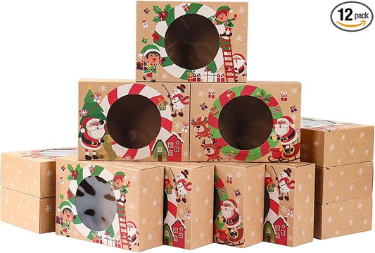 Patimate 12pcs Christmas Cookie Boxes for Gift Giving, 3 Style Brown Kraft Paper Bakery Boxes with Window, Xmas Holiday Treat Containers With Lids for Cookie Cupcakes Donuts Candy
