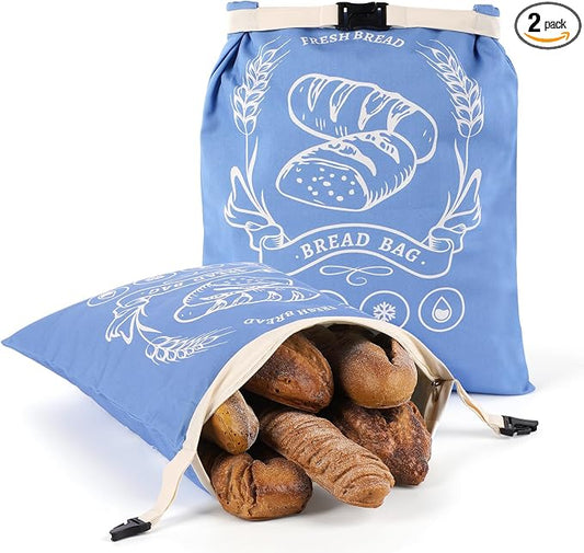 2 Pack Beeswax Bread Bags with Zipper, XL(13x17in) Sourdough Bread Storage for Homemade, Freezer Storage Bag to Keep Fresh, Cotton Beeswax Container, Baguette Bag with Liner, Kitchen Baking (Blue)
