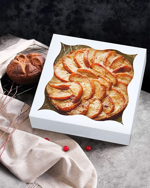 qiqee Auto-pop Up 24Packs White Pie Boxes with Window 12x12x3 Inch Cookie Donut Bakery Box