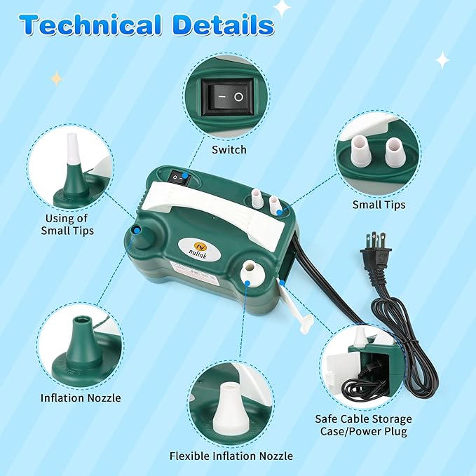 Nulink Electric Balloon Pump, Portable Electric Balloon Blower Machine Balloon Air Pump Dual Nozzle 110V 600W Balloon Inflator for Party Decorations