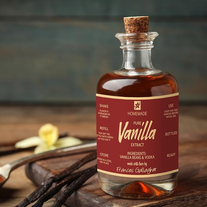 Fulmoon 24 Pcs Vanilla Extract Labels Homemade Vanilla Extract Stickers Bottle Labels with Ribbon Gift Stickers for 4oz, 8oz Handcrafted Bottles Wedding Gifts(Retro)