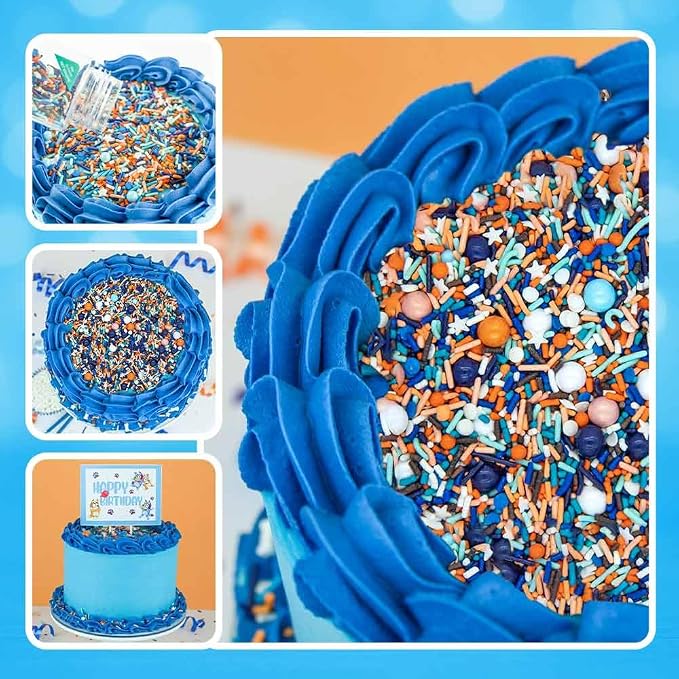 Blue and Orange Sprinkles for Cake, Cookie, Cupcake Decorating, and Baking -Blue Orange Birthday Cake Topper Decorations Jimmies, Nonpareils, Sugar Pearl with Peach, White, Navy Sprinkles