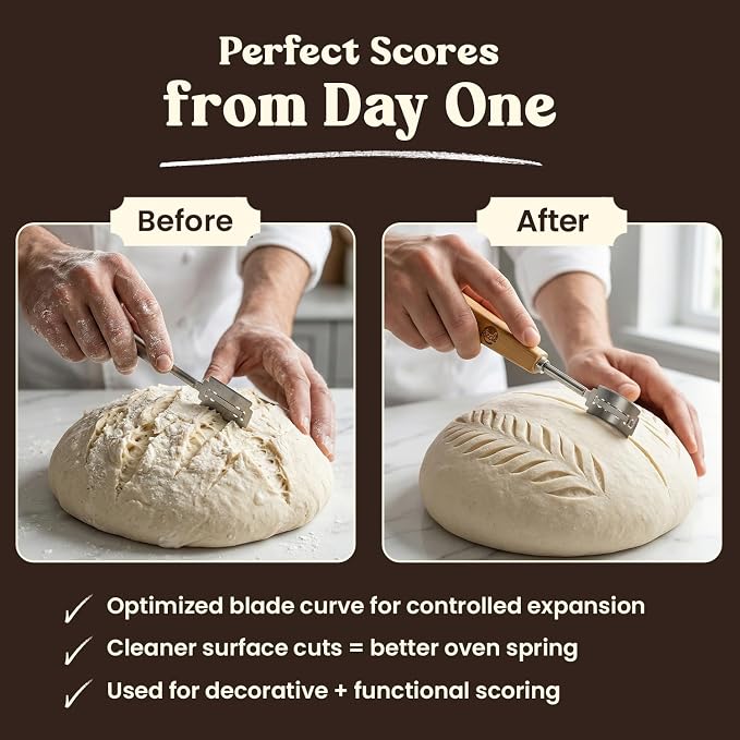 RICCLE Bread Lame Slashing Tool, Oakwood Ergonomic Handle Dough Scoring Knife with 15 Razor Blades and Storage Cover (Beige)
