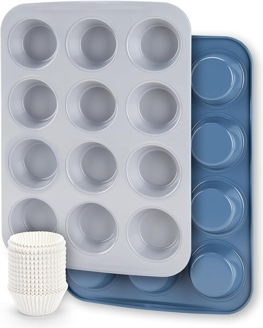 CARTMAN 2-Pack Ceramic Muffin Pan 12 Cup with 200 Cupcake Liners, Non-Stick & Non-Toxic Baking Tin for Healthy Muffins and Cupcakes, Perfect for Home Kitchens and Parties
