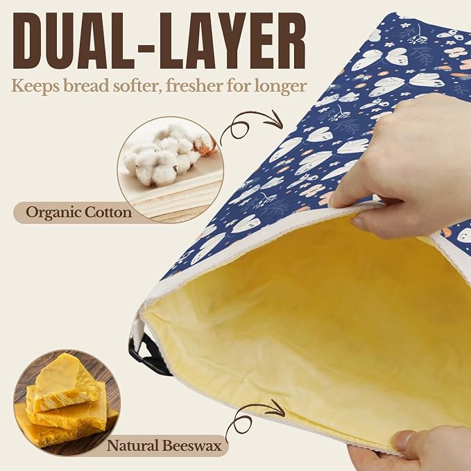 InnoBeta Beeswax Bread Bags for Sourdough & Homemade Bread, 2 Pack Reusable Cotton, 17"x13", Blue Butterfly