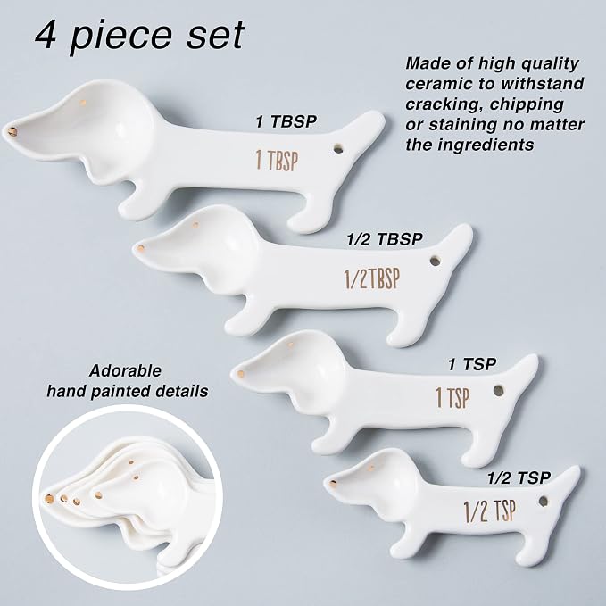 VOTUM White Dachshund Ceramic Measuring Spoon Set – Set of 4 Cute Weiner Dog Themed Kitchen Baking Tools – Gift for Dog Lovers