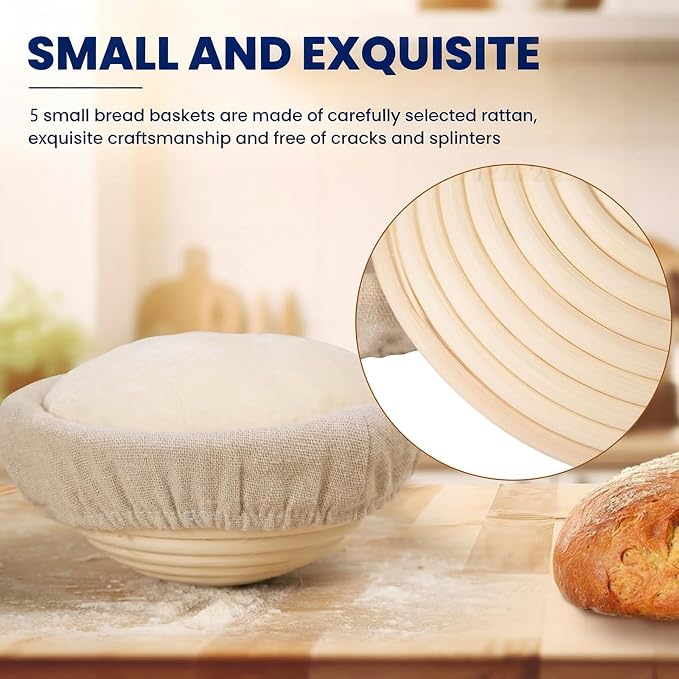 Banneton Bread Proofing Basket Set of 10, 5 Inch Mini Sourdough Bread Baking Supplies, Small Banneton Basket Proofing Baskets for Sourdough Bread Baking
