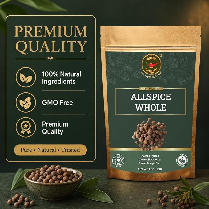 Spice Magic Allspice Whole, 4 oz (113g) - Premium Whole Jamaican Pimento Berries for Savory and Sweet Dishes I 100% Natural, Non-GMO & Freshly packed, ideal for both savory and sweet dishes.