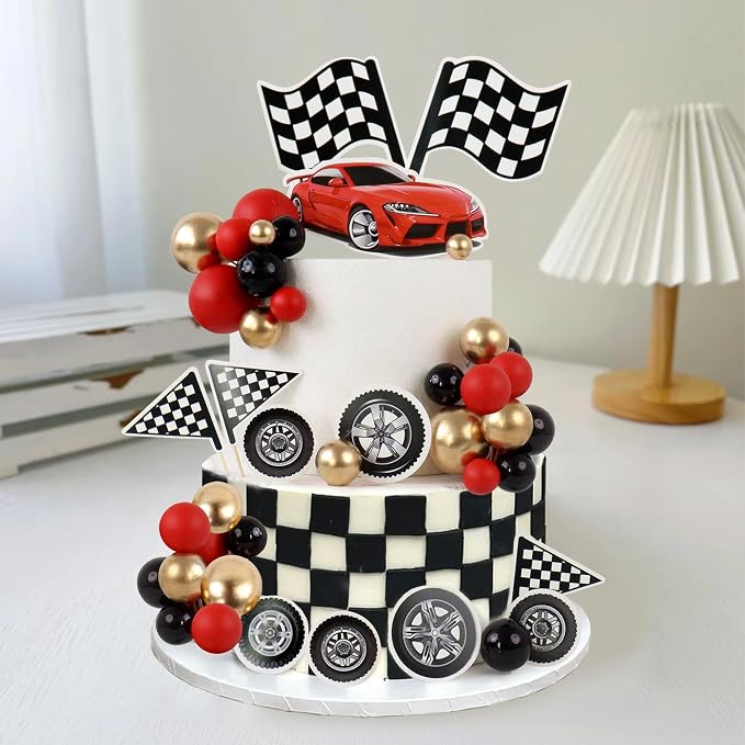 Ercadio 42Pcs Black Red Race Car Birthday Cake Toppers Checkered Flags Wheel Cupcake Toppers Multicolor Balls Cake Decorations for Kids Racing Birthday Cake Decoration Race Car Party Supplies