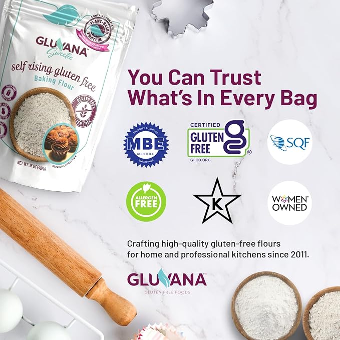 Gluvana Self-Rising Gluten-Free Baking Flour, 1 to 1 Swap for Self-Rising Wheat Flour, Nut-Free, Soy-Free & Dairy-Free, GFCO Certified, Kosher Flour, For Sweet Breads, Muffins, Cookies & More, 16 oz