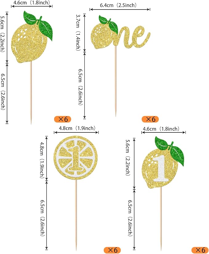 Rsstarxi 24 Pack Lemon One Cupcake Toppers Glitter Happy 1st Birthday Cupcake Picks for Baby Shower Happy First Birthday Party Cake Decorations Supplies