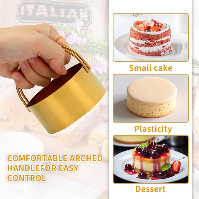 Snailhouse Round Biscuit Cutters with Handle, 5 Pieces Stainless Steel Circle Round Cookie Biscuit Flan Cutter Shaper Set for Baking, Gold