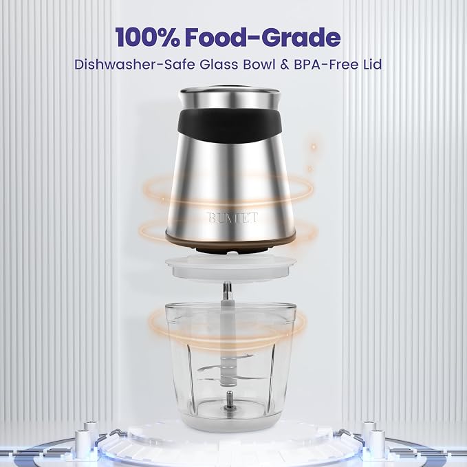 BUMET Electric Food Processor Vegetable Chopper 500W with 2.5 Cup Glass Bowl and Stainless Steel 4 Blades Cutter Mini Food Chopper for Home Use, Mincing, and Puree for Kitchen Aid, Baby Food