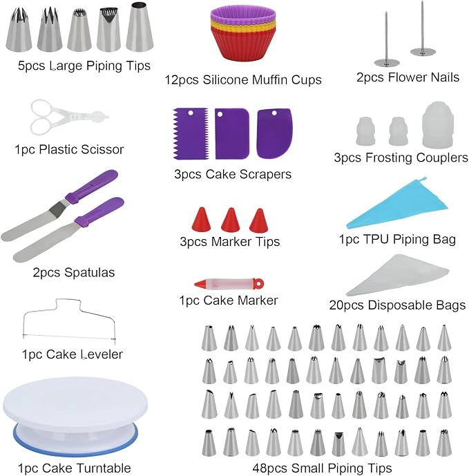 103pcs Cake Decorating Kit, Cake Decoration Tools with Cake Stand Turntable, 2 Frosting Spatulas, 48+5 Icing Tips, 20+1 Piping Bags, 12 Silicone Muffin cups, Cake Baking Supplies