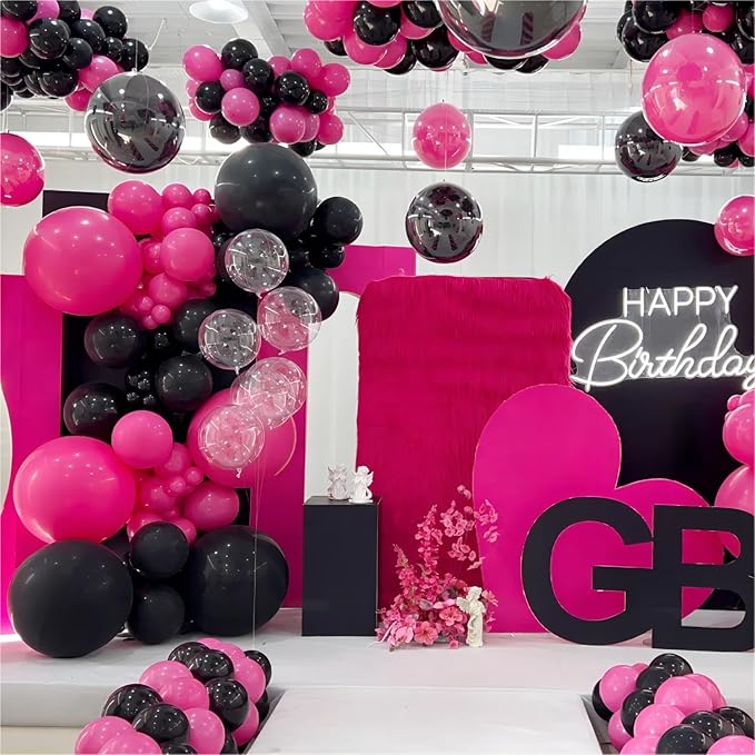 136pcs Hot Pink Black Balloon Arch Kit with Clear Balloons - 18/12/10/5 Inch Gothic Garland for Women's Birthday, Valentine's Day, Class of 2025 Party Decor