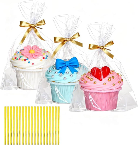 ROSPAKTEK 100 Pcs 6"x7"x2.4" Cellophane Muffin Bags with Gold Twist Ties – Commercial-Grade Flat-Bottom Design for Cupcakes, Cookies & Pastries (Fits Macarons/Chocolates/Strawberries) – Reusable