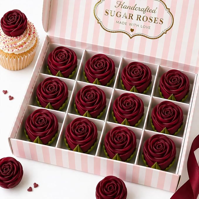 Confect Edible Deep Burgundy Rose Toppers – Edible Roses for Cake & Cupcake Decorations, Perfect for Weddings & Special Occasions- Vegan, Gluten-Free, Dairy-Free, Palm Oil-Free - Pack of 12