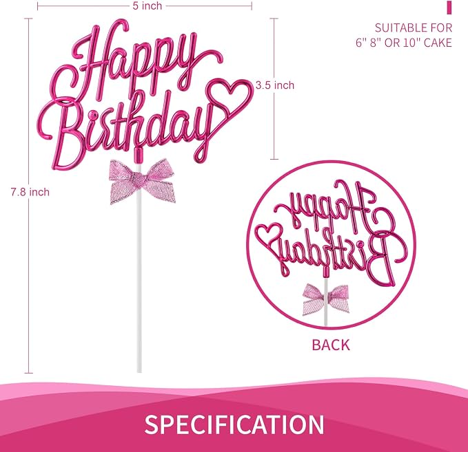 Hot Pink Happy Birthday Cake Topper Plastic - 3D Double Sided Happy Birthday Sign for Cake with Bow, Idea for Cake Decoration (HOT PINK)