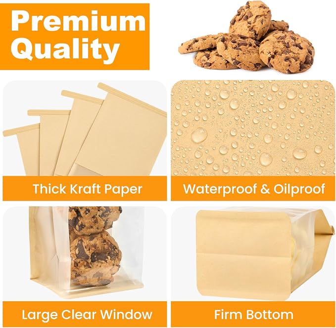 Ocmoiy 100 Pack Small Cookie Bags with Window, 3.9x3.5x9.5 Inches Tin Tie Tab Lock Bakery Packaging Bag, Resealable Paper Pastry Bags for Homemade Granola, Popcorn, Candies, Treat