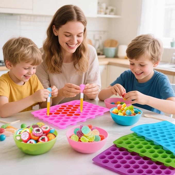 Palksky Round Candy Mold, 4PCS 220 Cavities Mini Cylinder Silicone Molds for Hard Candy, Gummy, Chocolate, Mint, Fruit Snacks, Non-stick for DIY Homemade Treats with 2 Droppers