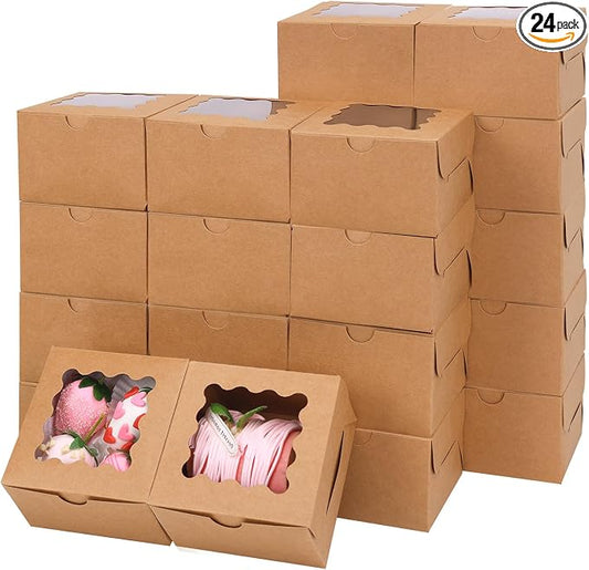 Moretoes 24pcs Bakery Boxes with Window, 4x4x2.5 Inches Brown Cookie Boxes for Small Pastries, Cookies Treats and Desserts