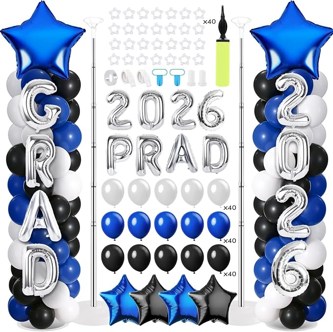 2 Sets Graduation Balloon Column Stand Kits with Balloons 2026 Grad Themed Decoration Navy Blue Balloon Tower Stand Kit for Grad High School & College Celebration Party Decor