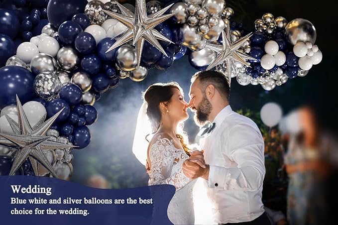 130pcs Navy Blue and Silver Balloon Garland Arch Kit with 3pcs Silver Star Balloons, Royal Blue Metallic Silver White Balloons for Birthday Baby Shower Wedding Graduation Party Decorations
