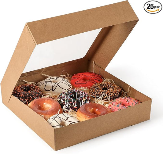 Fit Meal Prep 25 Pack Pie Boxes, 12 x 12 x 2.5 Inches Kraft Bakery Boxes with Window, Auto-Popup Treat Boxes for Donuts, Cookies, Pastries, Ideal for Party, Christmas, Valentine's Day