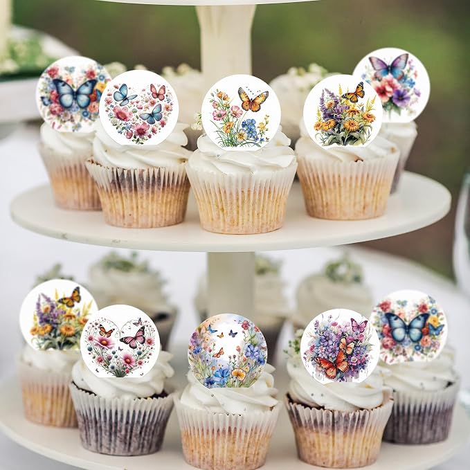 Edible 36PCS Flower Cupcake Toppers Wafer Paper Butterfly Floral Baby Shower Cake Decorations Edible Spring Flower Cupcake Toppers for Floral Theme Birthday Party Decoration