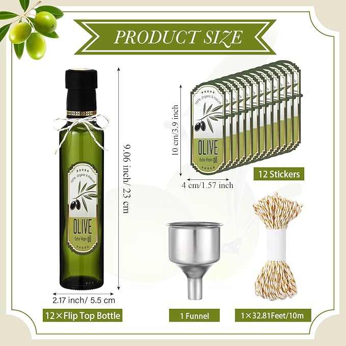 Reallnaive 12 Sets 8 oz Glass Olive Oil Bottles Empty Sauce Condiment Bottles with Tags and Twine and Funnel for Storing Homemade Olive Oil Christmas Wedding Baby Shower Gifts(Clear)