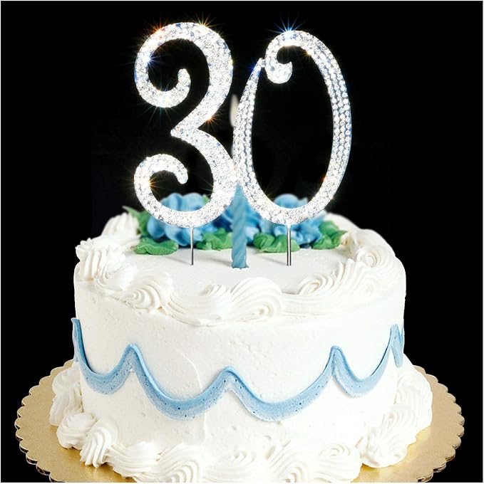 Scotamalone 30 Cake Topper Silver Premium Bling Rhinestone Diamond Gems 30th Birthday or Anniversary Party Decoration Ideas