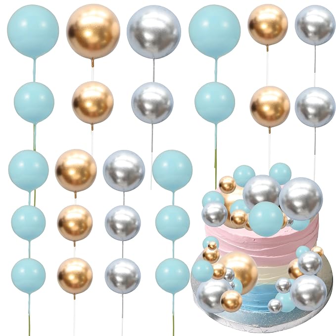 Gyufise 30Pcs Mini Balloon Cake Topper Foam Ball Cake Picks Decorations Faux Pearl Balls DIY Cake Topper Decoration for Baby Shower Wedding Anniversary Birthday Party Supplies Gold Silver Blue