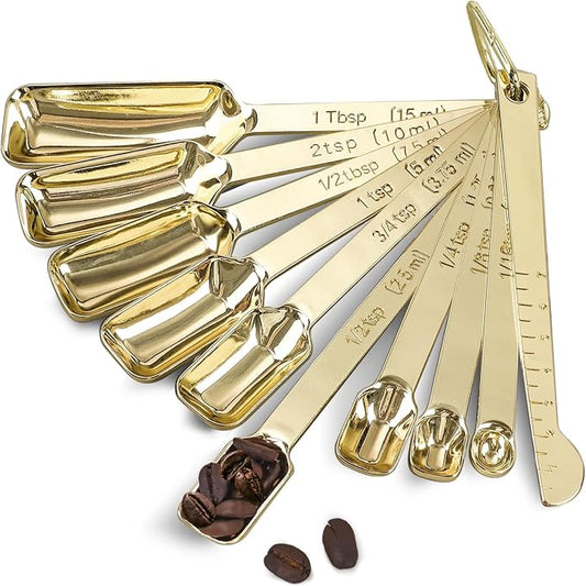 Stainless Steel Measuring Spoons with Leveler, 10pcs, Gold | Heavy Duty Metal, Rectangle Shape, Tablespoon Teaspoon, Fits in Spice Jars, For Kitchen Cooking Baking