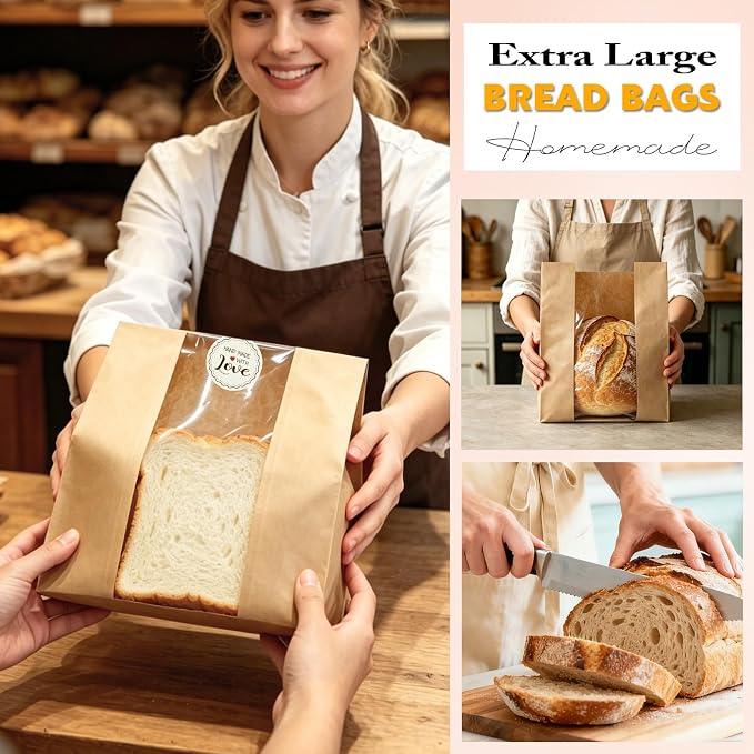 Extra Large Paper Bread Bags for Homemade Bread with Window & Sticker for XL Sourdough Breads, Round Loaf, Baked Goods, Oval Loaves, Brown Kraft - 45 Pcs 16x10x5 Inch