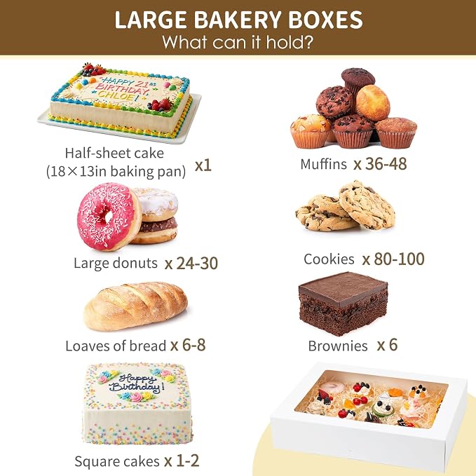 Moretoes 10pcs 19x14x4in Half Sheet Cake Boxes with Window, White Cookie Boxes, for Pastry Baking Cake Donuts Cupcake Pie Packaging, Auto-Popup