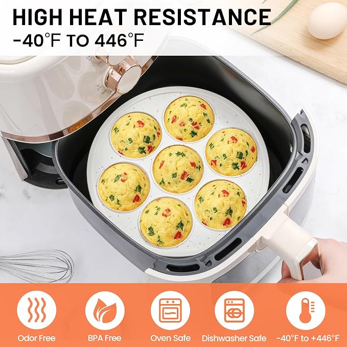 Vinino Silicone Air Fryer Muffin Pan with Reinforced Frame, Egg Bite Mold | 7 Cup Air Fryer Accessories, Silicone Muffin Pans for Oven, Perfect for Egg Bites, Muffins, Tarts and Quiche, BPA-Free, Cream