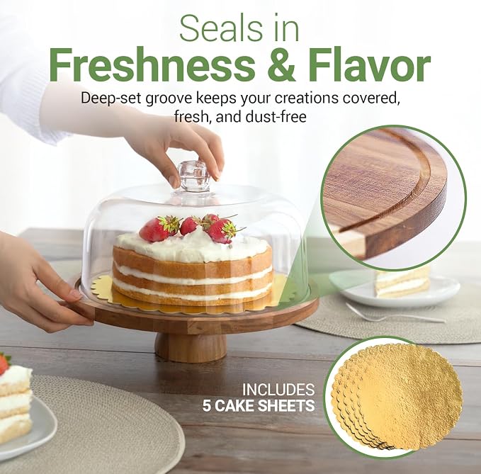 Linda’s Essentials Acacia Wood Cake Stand with Lid (Acrylic) 12 Inch Round Cake Holder Stand with 5 Bonus Cake Sheets, 2-in-1 Wooden Cake Stand with Dome & Charcuterie Board for Cheese, Cake Plate