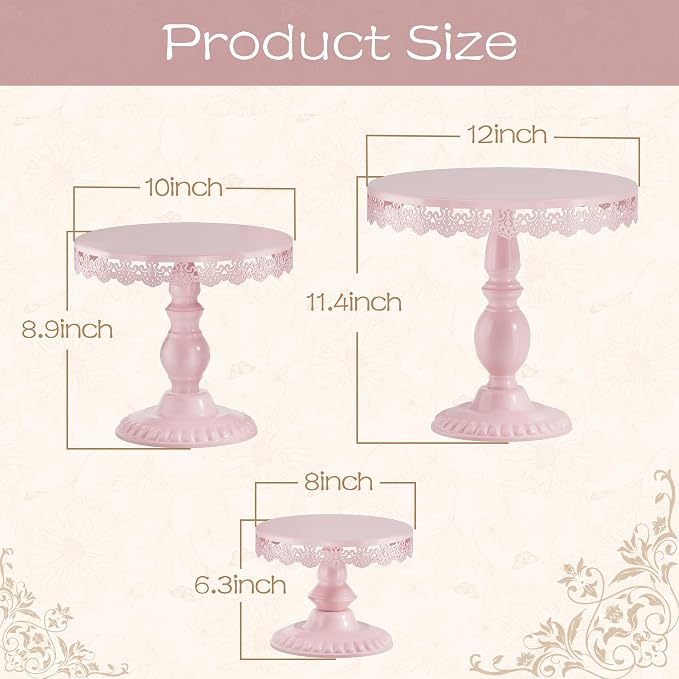 3 PCS Pink Cake Stands (8"&10"&12" Plate), Cupcake Stand with a lace Hollow Border Metal Cake Stand Set for Birthday Party, Wedding, Anniversary, Baby Shower