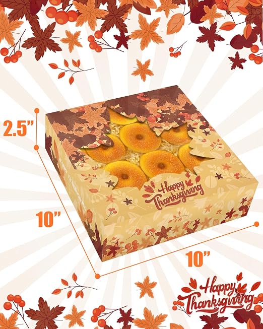 qiqee Thanksgiving Auto-pop Up 10x10x2.5 Inch Pie Boxes with Window Pumkin Leaves 12Packs Cookie Donut Bakery Box