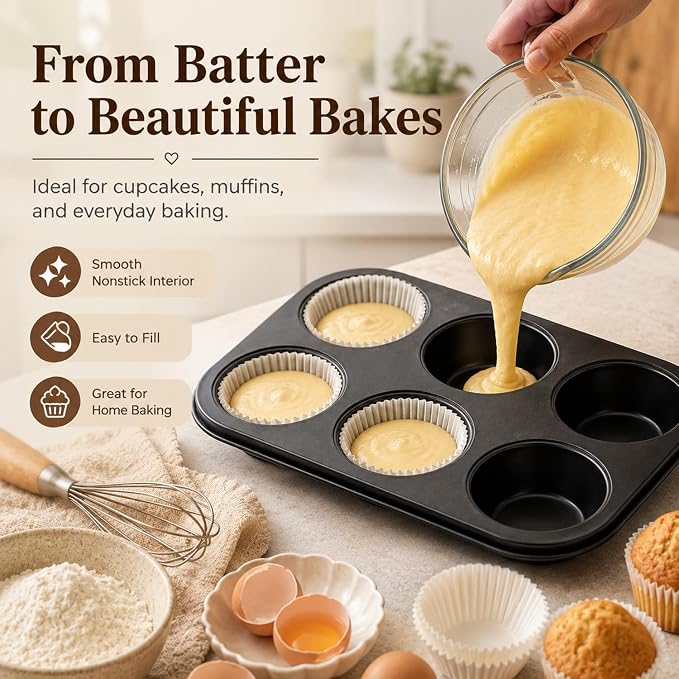 Premium Non-Stick Muffin Baking Pan,2Packs Cupcake Pan,Stainless steel 6-Cup Muffin Tin (Black)