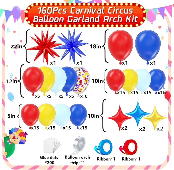 Carnival Balloon Garland Arch Kit 153pcs with Star, Red Blue Yellow Primary Color Balloons Rainbow Multicolor Confetti Balloons for Birthday Carnival Circus Theme Carnival Party Theme Decor